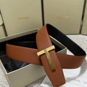 Tom Ford Mens Brown/Black Reversible Leather Belt Gold T Buckle